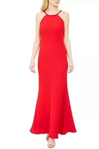 Calvin Klein open back halter gown In Red
